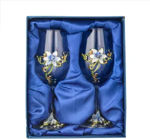 Simcat Handmade Painted Enamel Flower Glass Wine Glasses Transparent Refined Goblet, Stem For Cabernet, Gifts (Blue double gift box,2 Gift Box)