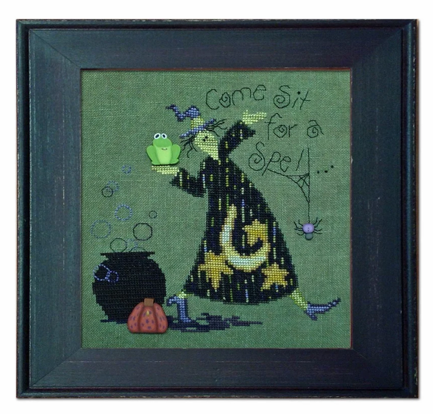 Sit a Spell Cross Stitch Kit from Just Another Button Company Pattern, JABC Buttons and Floss 6in x 6.5in