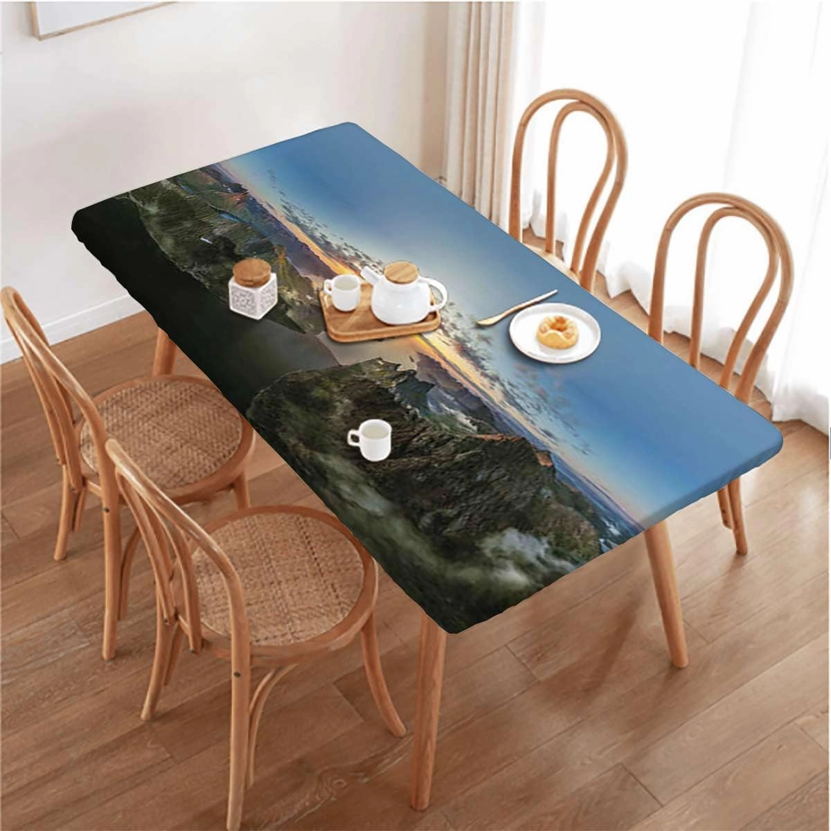 Slate Blue Orange Elastic Tablecloth Mountain Range with Creek Art Waterproof Tablecloths for Picnic, Camping, Indoor, Outdoor Aerial View Fits up 5 Foot Tables