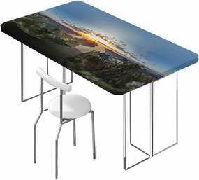 Slate Blue Orange Elastic Tablecloth Mountain Range with Creek Art Waterproof Tablecloths for Picnic, Camping, Indoor, Outdoor Aerial View Fits up 5 Foot Tables