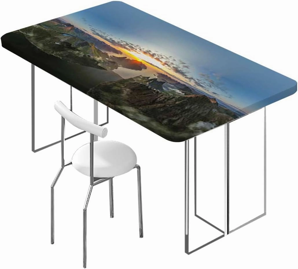 Slate Blue Orange Elastic Tablecloth Mountain Range with Creek Art Waterproof Tablecloths for Picnic, Camping, Indoor, Outdoor Aerial View Fits up 5 Foot Tables