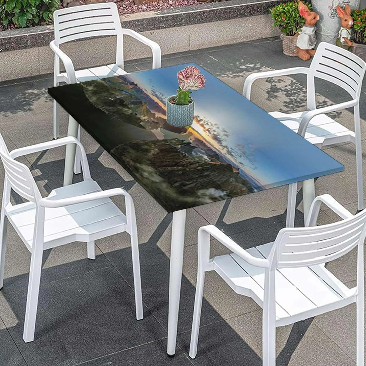 Slate Blue Orange Elastic Tablecloth Mountain Range with Creek Art Waterproof Tablecloths for Picnic, Camping, Indoor, Outdoor Aerial View Fits up 5 Foot Tables