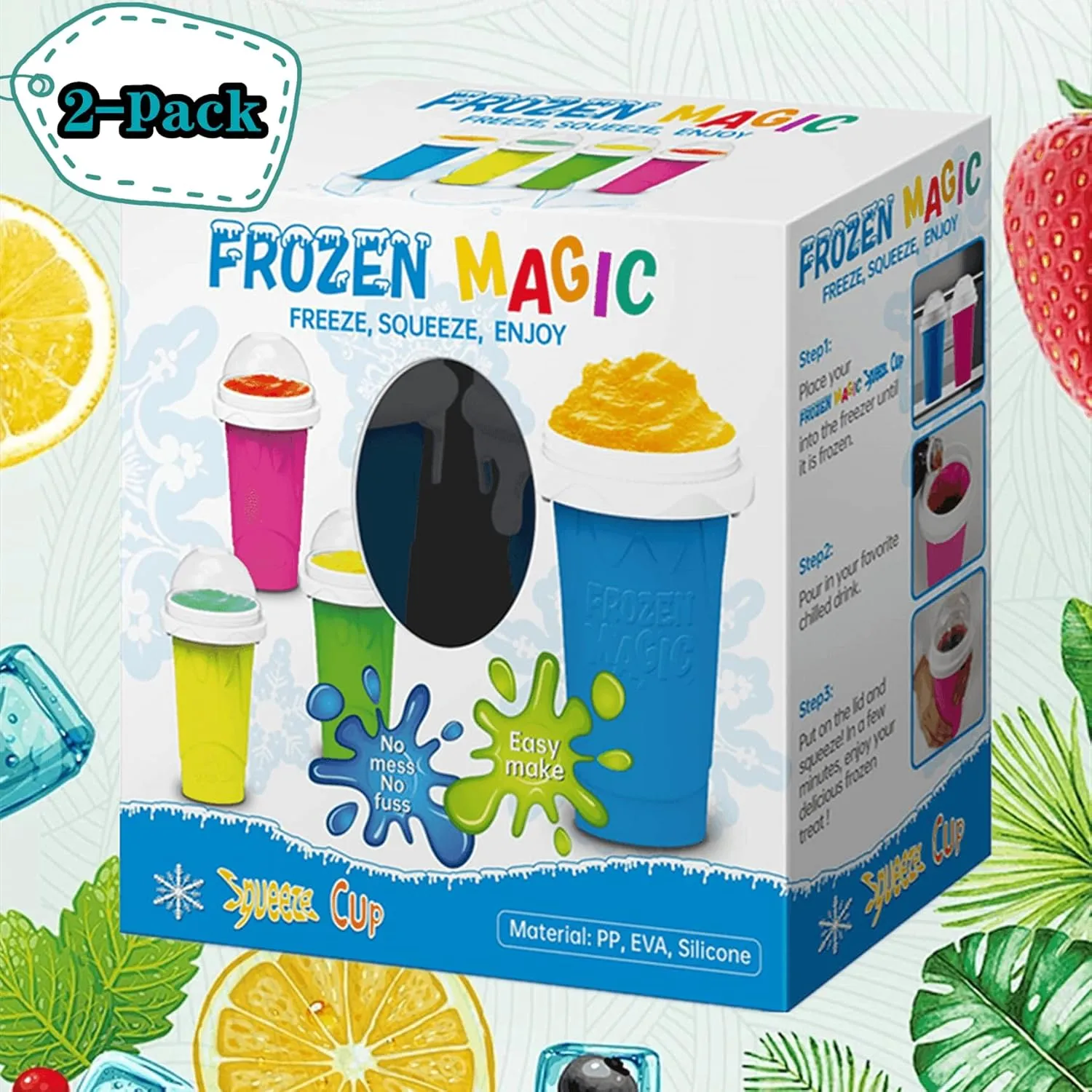 Slushie Cup, 2 Pack Slushy Maker Cup with Lid & Straw for Kids Friends Family, Portable Smoothie Squeeze Cup for Milk, Juices, and Ice Cream Make (Blue Green)
