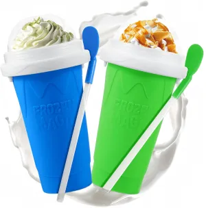Slushie Cup, 2 Pack Slushy Maker Cup with Lid & Straw for Kids Friends Family, Portable Smoothie Squeeze Cup for Milk, Juices, and Ice Cream Make (Blue Green)