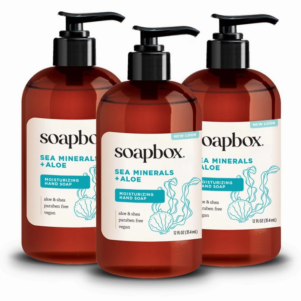 Soapbox Liquid Hand Soap, Sea Minerals & Blue Iris - Gentle & Moisturizing Hand Wash for Kitchen and Bathroom, Vegan & Cruelty Free Scented Hand Soap 12 Ounce Pump Bottles (Pack of 3)