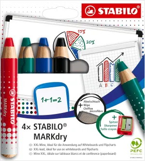 STABILO MARKdry - 4er Pack mit Spitzer und Abwischtuch - in vier verschiedenen Farben