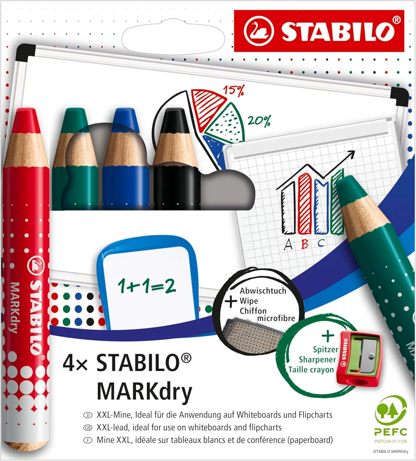 STABILO MARKdry - 4er Pack mit Spitzer und Abwischtuch - in vier verschiedenen Farben
