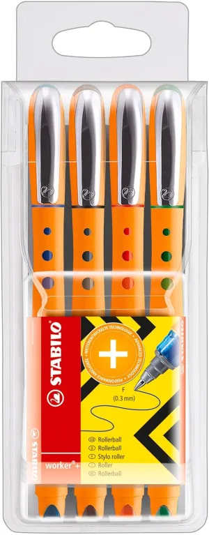 STABILO Rollerball worker  Fine - Wallet of 4 - Assorted Colors