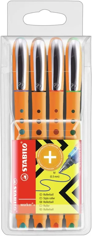 STABILO Rollerball worker  Medium - Wallet of 4 - Assorted Colors