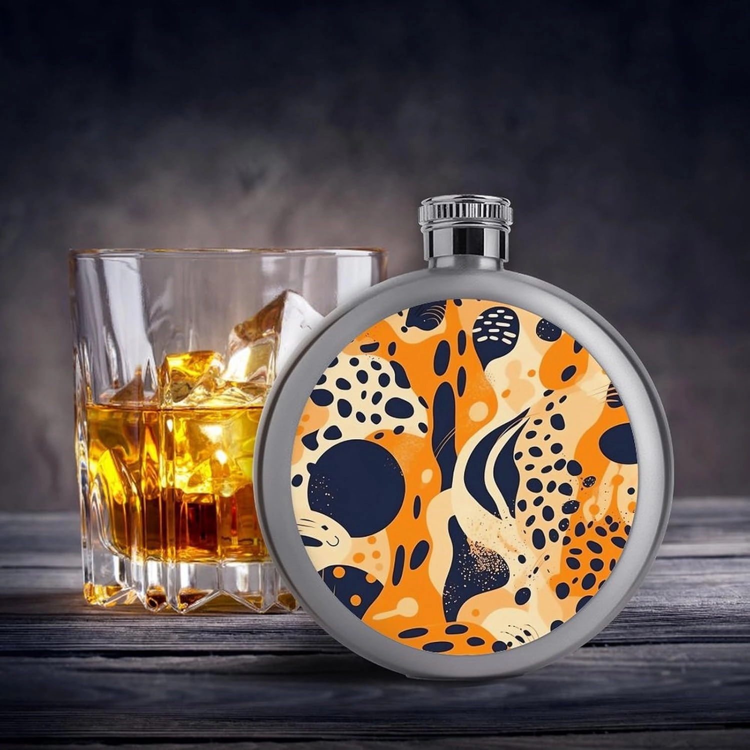 Stainless Steel Flasks for Liquor for Men Women,Orange And Dark Blue Print Round Small Hip Liquor Flask,Portable Cute Funny Wine Whiskey Flask for Gift Camping Outdoor Activitie Wedding Party,5oz