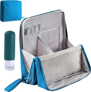 Standing Makeup Bag, Portable, Large Capacity, Doresty Stand up Makeup Bag, Vertical Large Opening Waterproof Multifunctional Make up Bags with Compartments, Travel-Friendly (Blue)