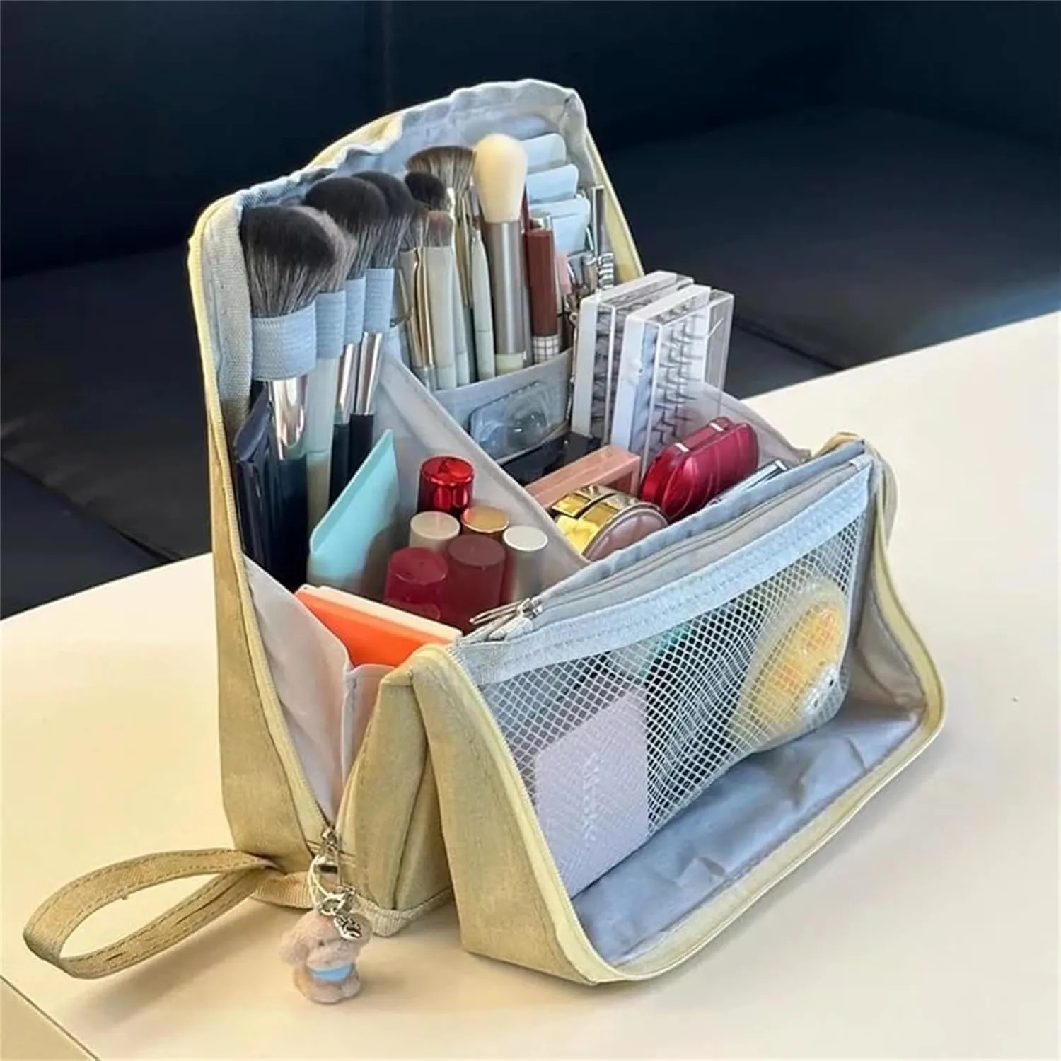 Standing Makeup Bag, Portable, Large Capacity, Doresty Stand up Makeup Bag, Vertical Large Opening Waterproof Multifunctional Make up Bags with Compartments, Travel-Friendly (Blue)