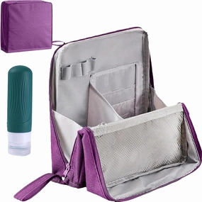 Standing Makeup Bag, Portable, Large Capacity, Doresty Stand up Makeup Bag, Vertical Large Opening Waterproof Multifunctional Make up Bags with Compartments, Travel-Friendly (Purple)