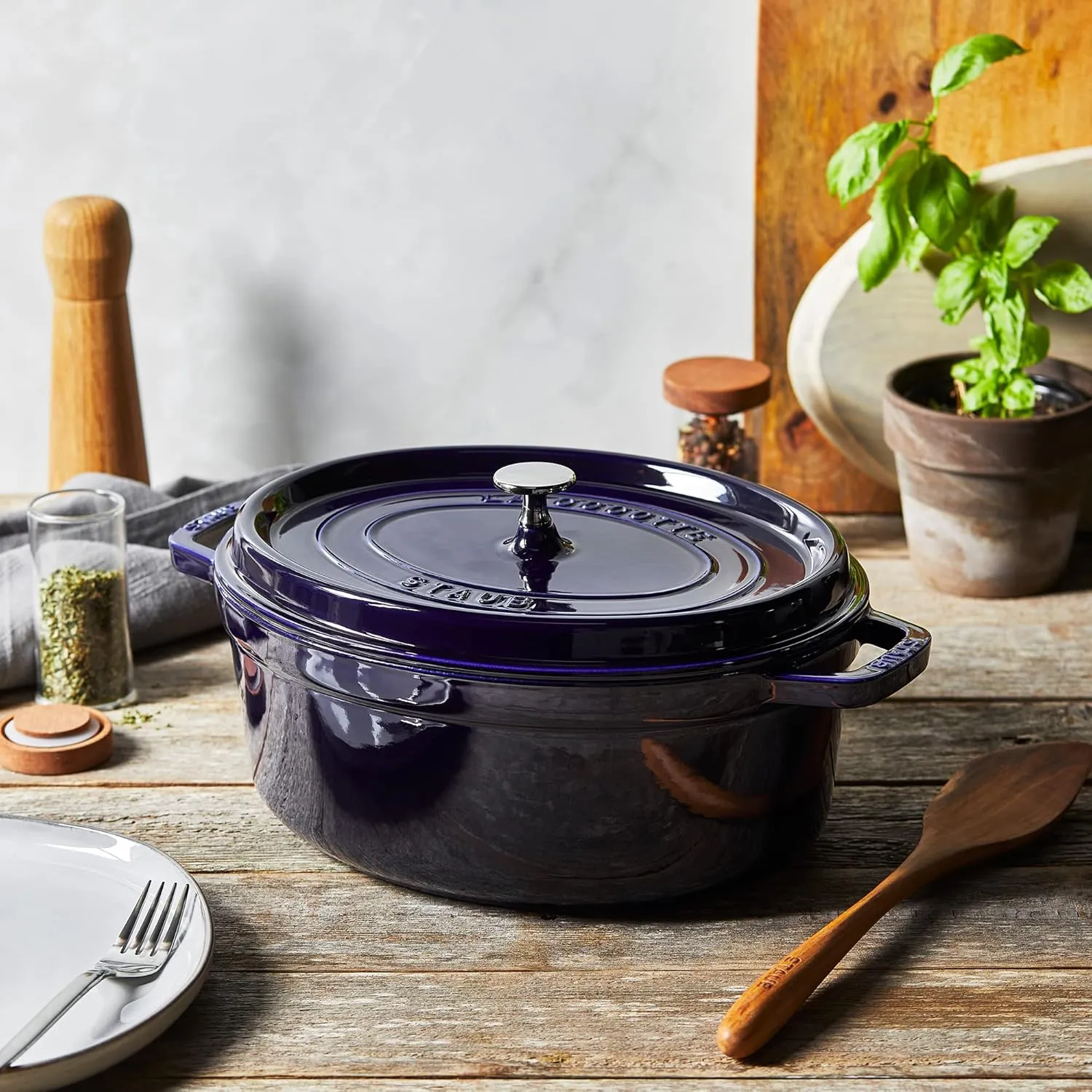 Staub Cast Iron Oval Cocotte, Dutch Oven, 5.75-quart, serves 5-6, Made in France, Dark Blue
