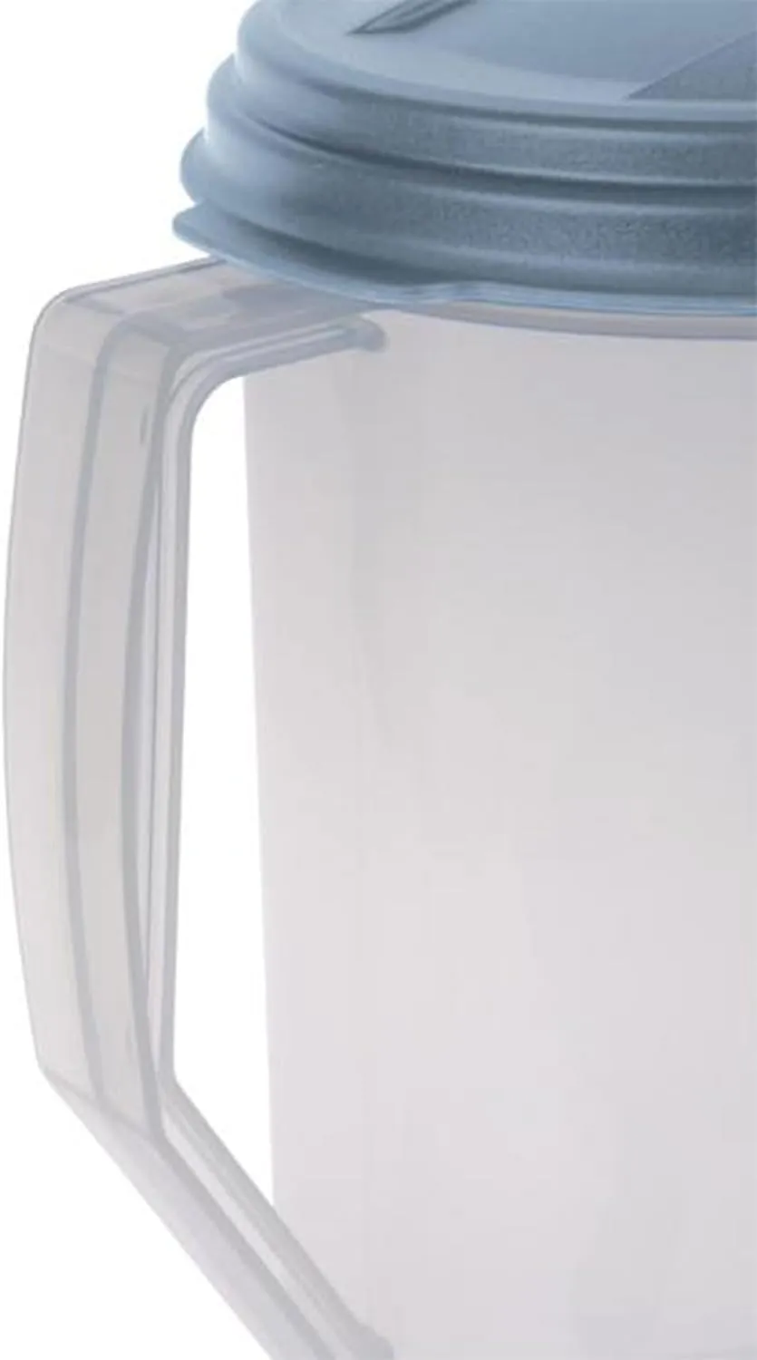 Sterilite 2 Quart Clear Round Plastic Pitcher, Dishwasher Proof with Blue Lid, Spout, and Handle for Easy Pouring, Washed Blue, 12-Pack
