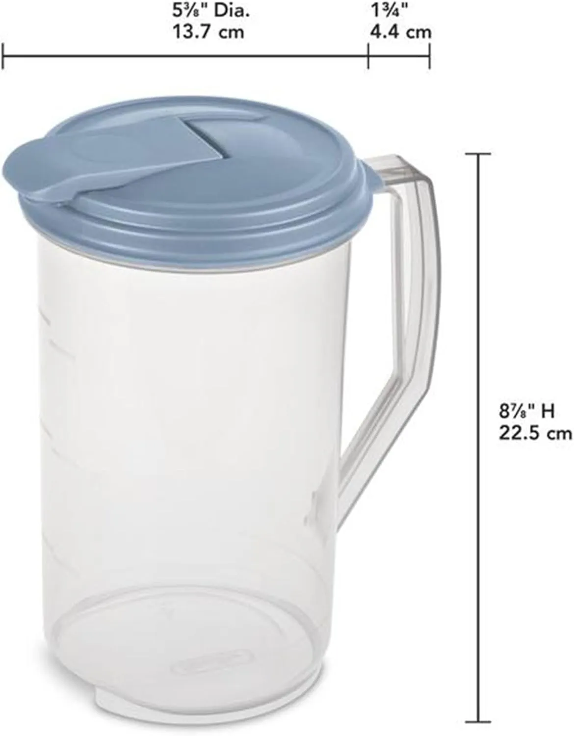 Sterilite 2 Quart Clear Round Plastic Pitcher, Dishwasher Proof with Blue Lid, Spout, and Handle for Easy Pouring, Washed Blue, 12-Pack