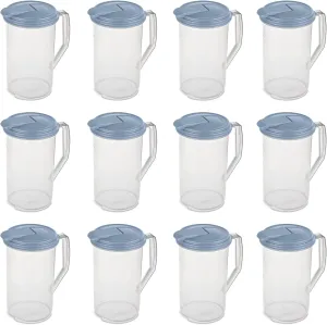 Sterilite 2 Quart Clear Round Plastic Pitcher, Dishwasher Proof with Blue Lid, Spout, and Handle for Easy Pouring, Washed Blue, 12-Pack