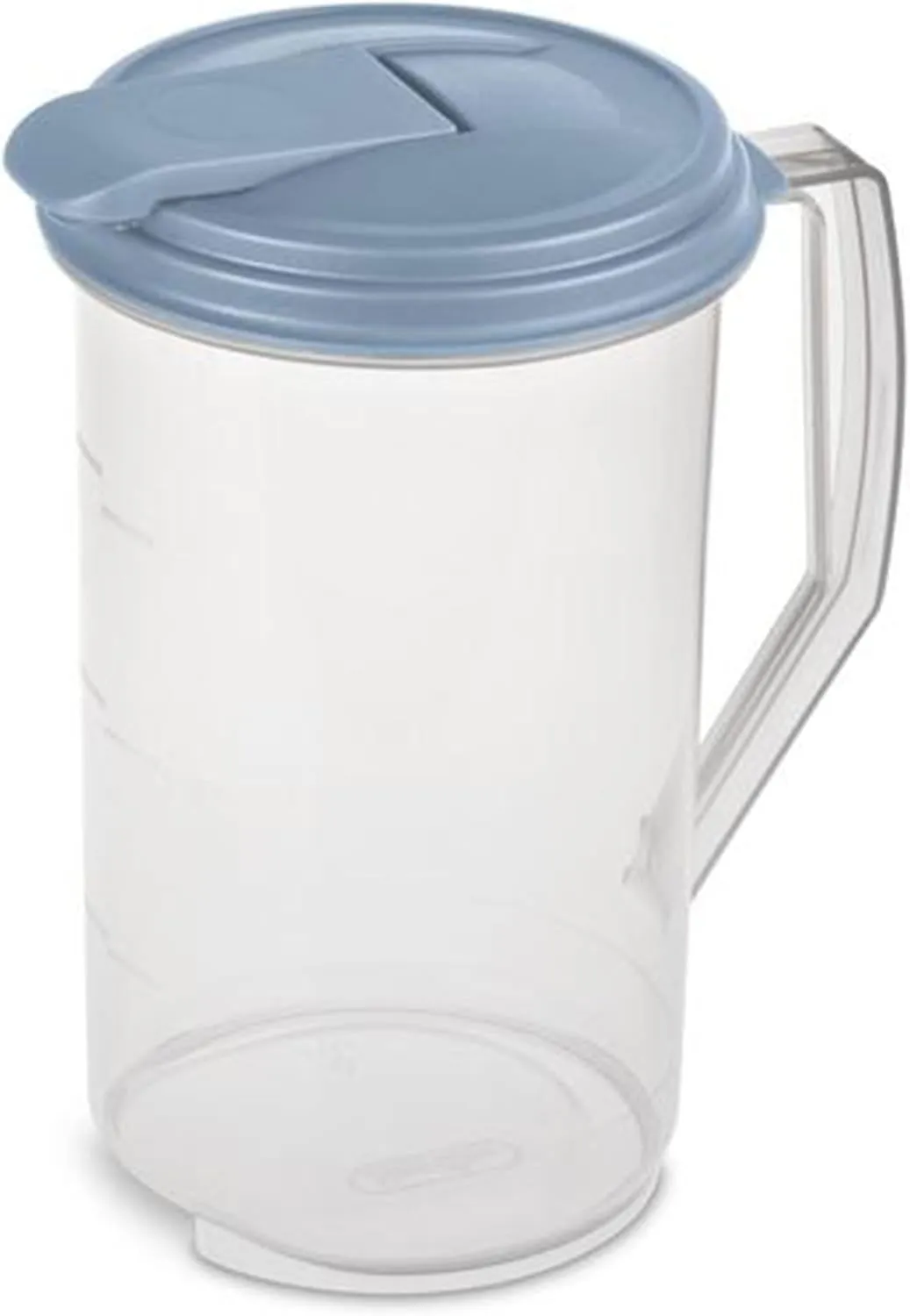 Sterilite 2 Quart Clear Round Plastic Pitcher, Dishwasher Proof with Blue Lid, Spout, and Handle for Easy Pouring, Washed Blue, 12-Pack