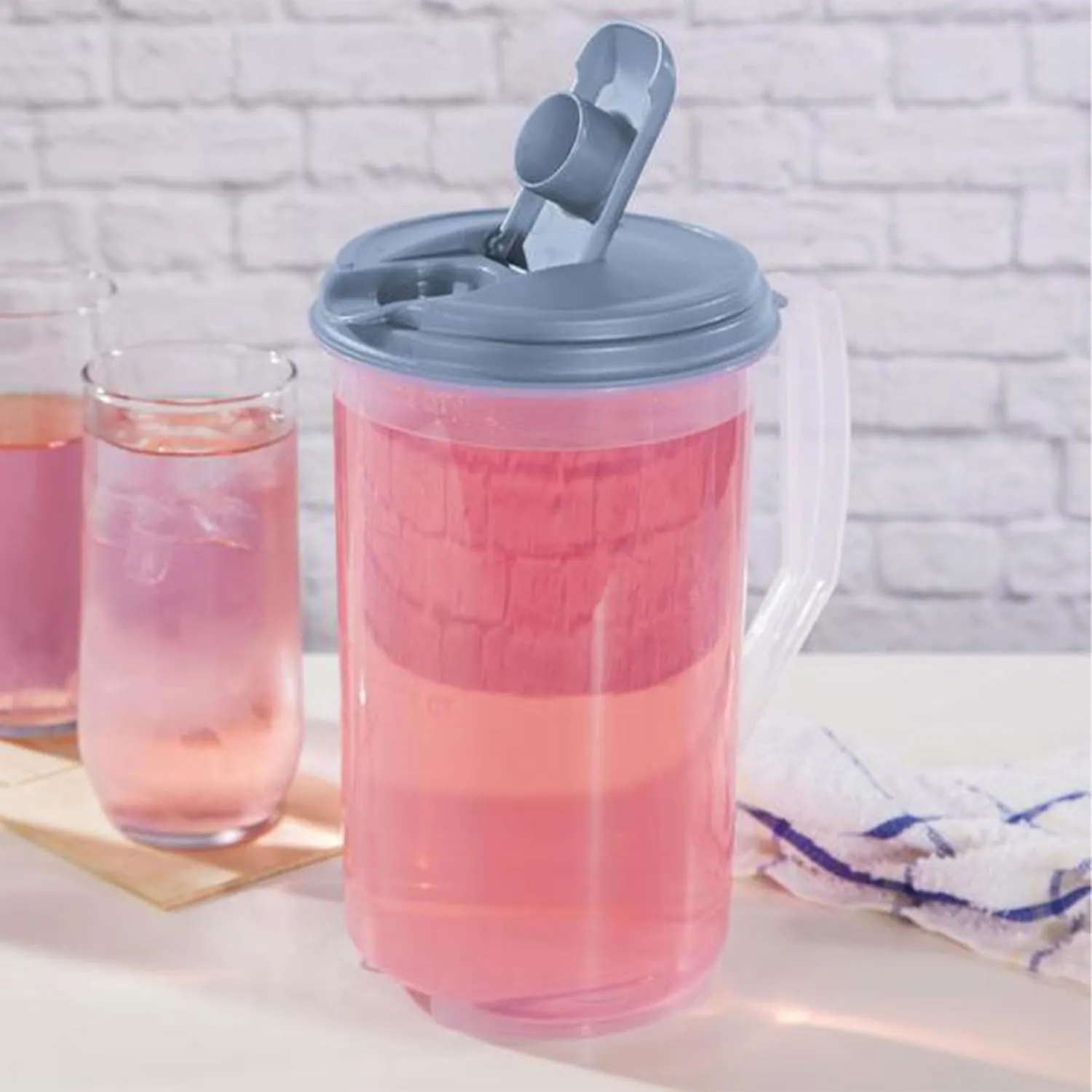 Sterilite 2 Quart Clear Round Plastic Pitcher, Dishwasher Proof with Blue Lid, Spout, and Handle for Easy Pouring, Washed Blue, 12-Pack