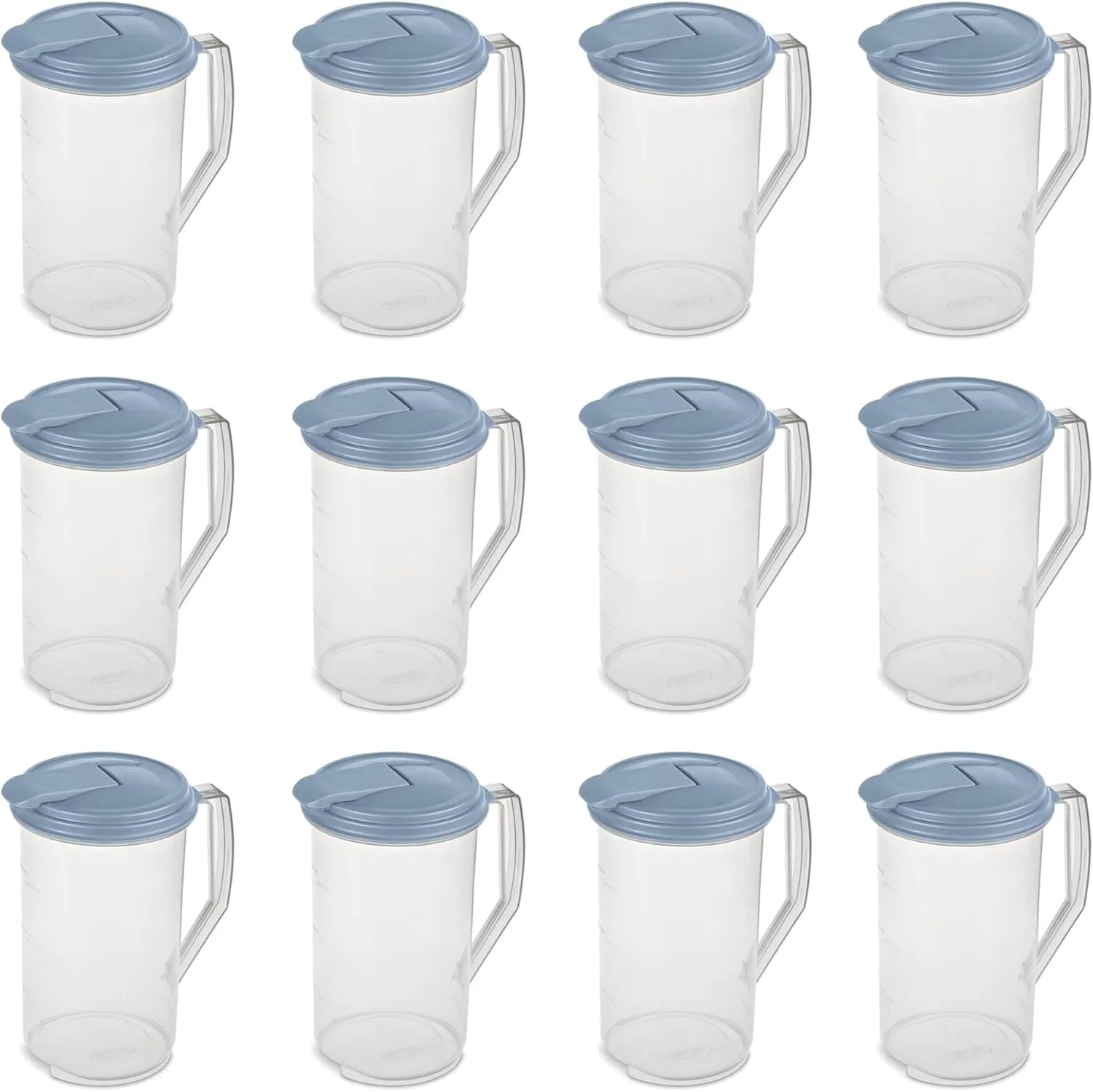 Sterilite 2 Quart Clear Round Plastic Pitcher, Dishwasher Proof with Blue Lid, Spout, and Handle for Easy Pouring, Washed Blue, 12-Pack
