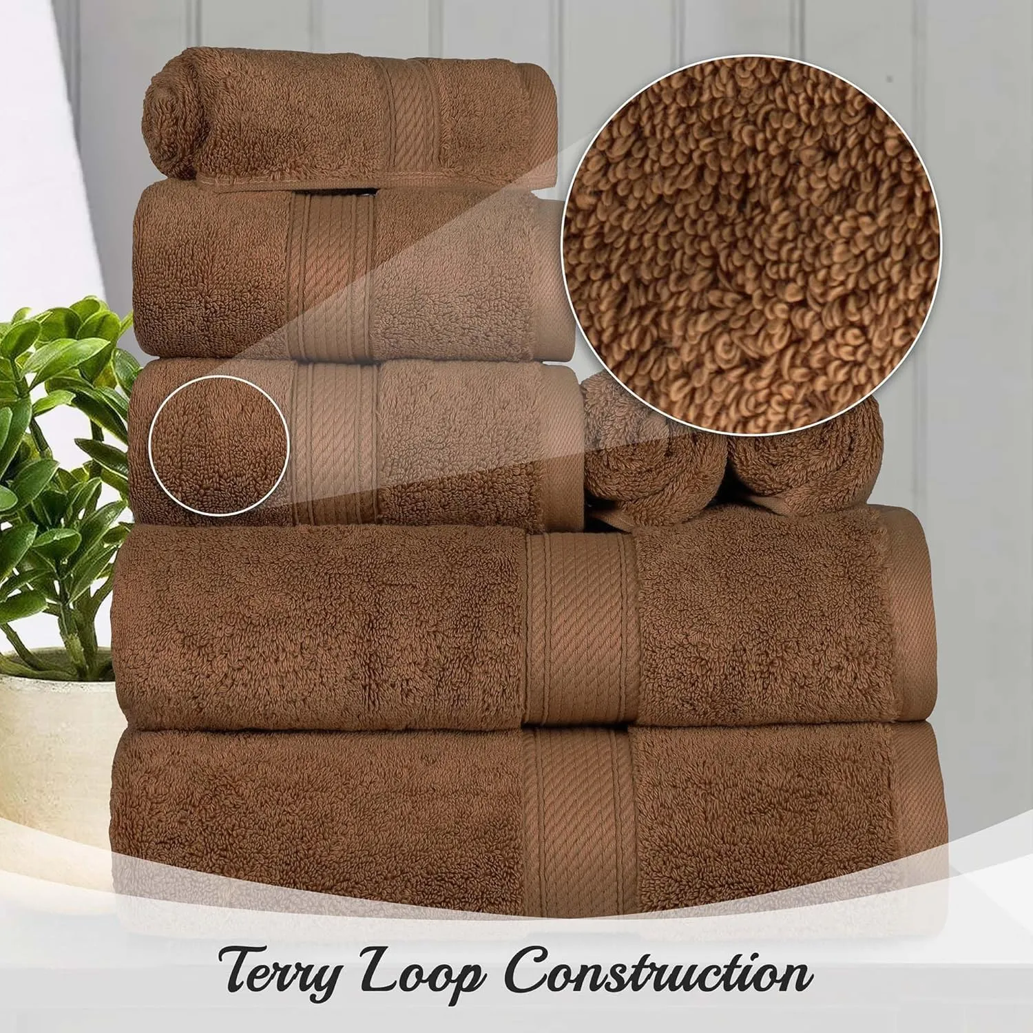 Superior Egyptian Cotton Pile 6 Piece Towel Set, Includes 2 Bath, 2 Hand, 2 Face Towels/Washcloths, Ultra Soft Luxury Towels, Thick Plush Essentials, Guest Bath, Spa, Hotel Bathroom, Chocolate