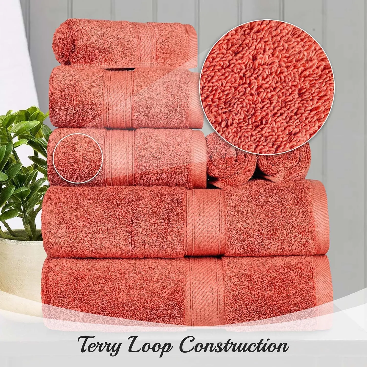 Superior Egyptian Cotton Pile 6 Piece Towel Set, Includes 2 Bath, 2 Hand, 2 Face Towels/Washcloths, Ultra Soft Luxury Towels, Thick Plush Essentials, Guest Bath, Spa, Hotel Bathroom, Coral