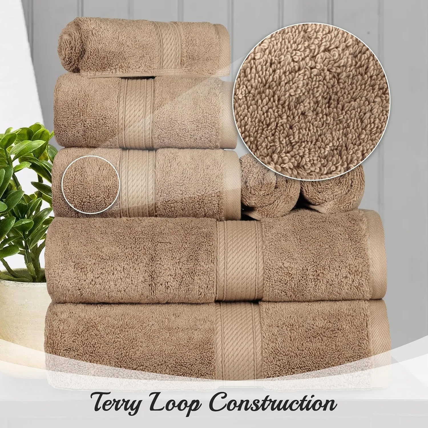 Superior Egyptian Cotton Pile 6 Piece Towel Set, Includes 2 Bath, 2 Hand, 2 Face Towels/Washcloths, Ultra Soft Luxury Towels, Thick Plush Essentials, Guest Bath, Spa, Hotel Bathroom, Latte