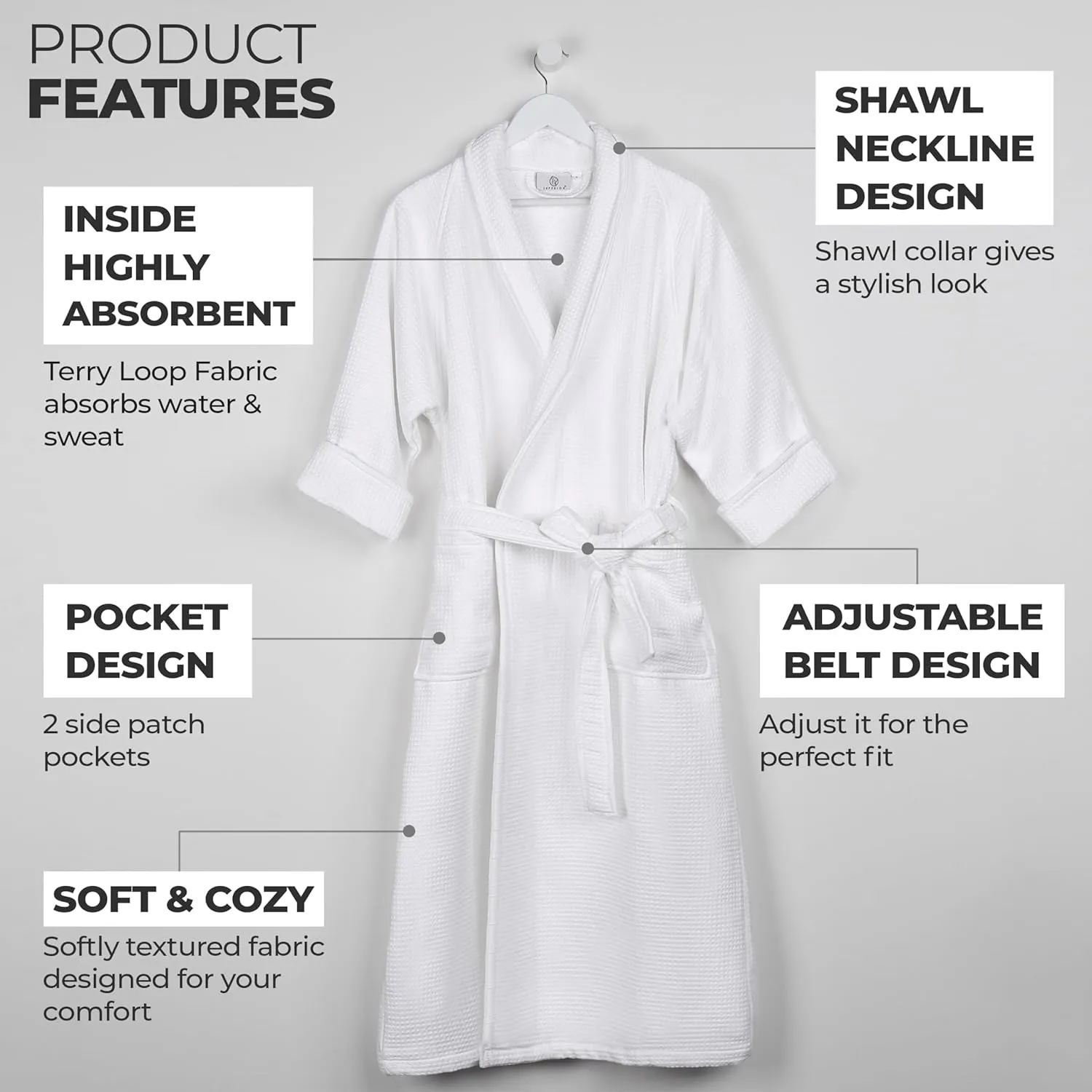 Superior Waffle Weave Cotton Unisex Bathrobe with Belt, Soft and Absorbent Robe for Men and Women Bath Essentials Robes