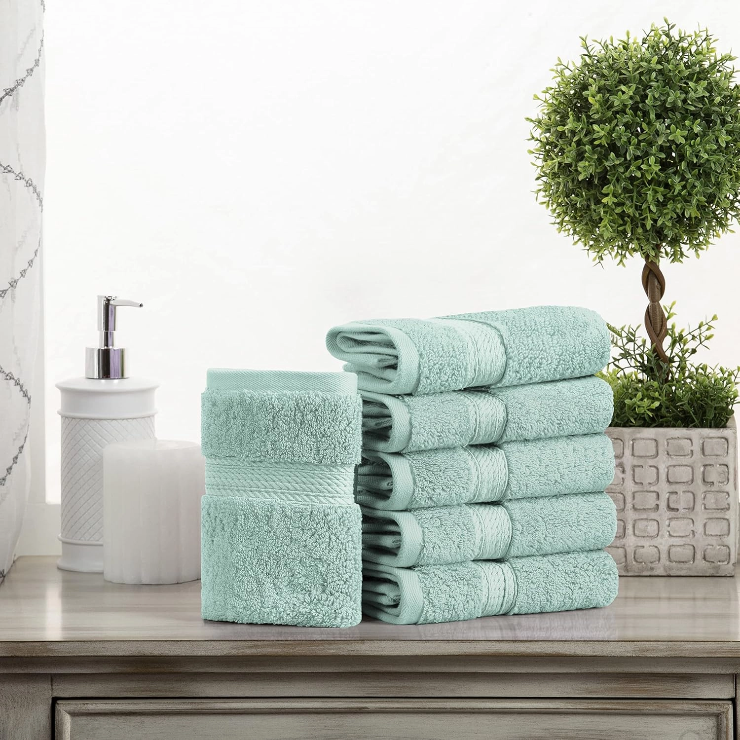 Superior Egyptian Cotton Pile Face Towel/Washcloth Set of 6, Ultra Soft Luxury Towels, Thick Plush Essentials, Absorbent Heavyweight, Guest Bath, Hotel, Spa, Home Bathroom, Shower Basics, Sea Foam