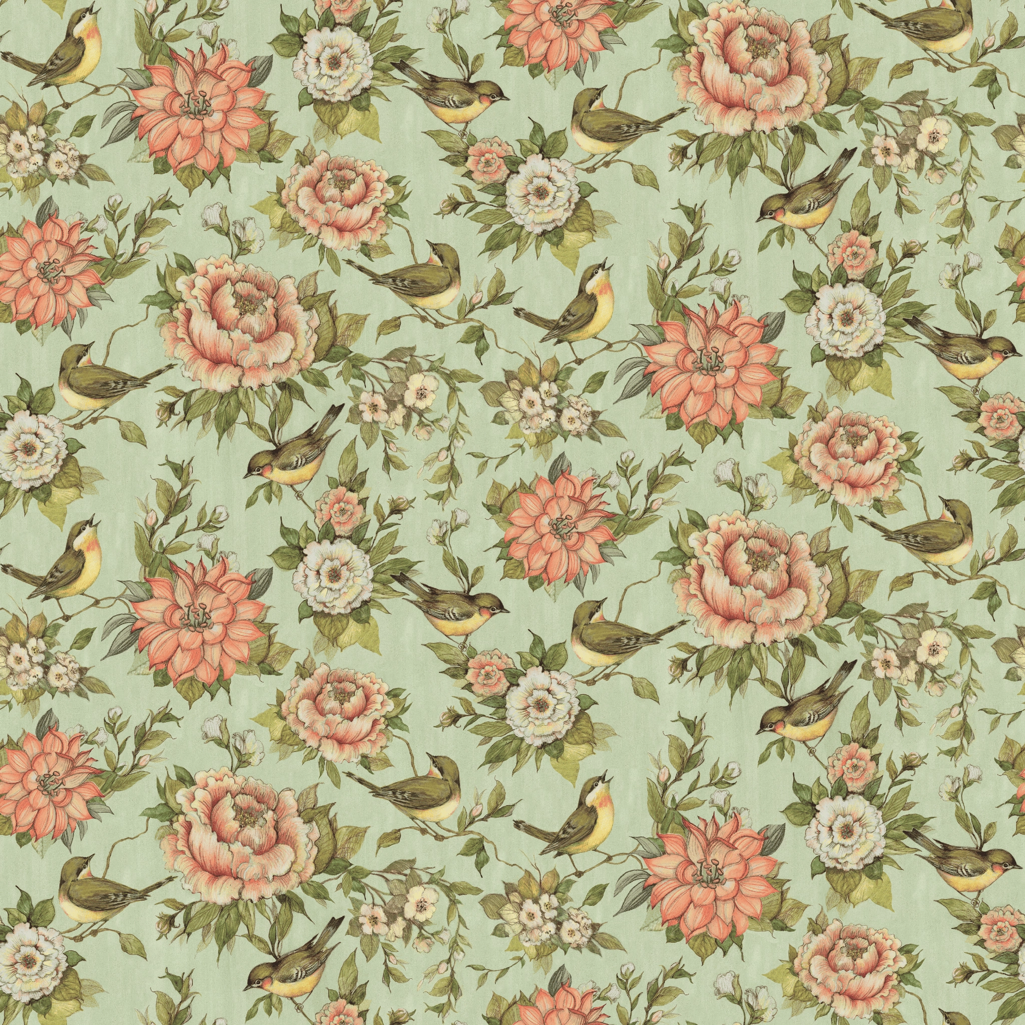 Susan Winget - Garden Melody - Mint Songbird Floral Fabric