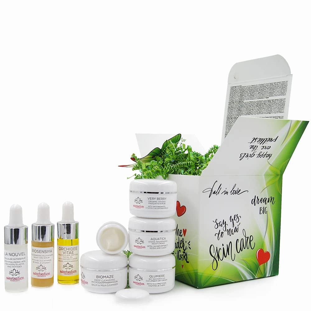 Sweetsation Therapy/YUNASENCE Box of Beauty Secrets. Travel collection of 8 Key Products. Facial Hyaluronic acid Serum, Facial Oil, Multi Vitamin Serum, Anti aging moisturizer, Eye cream.