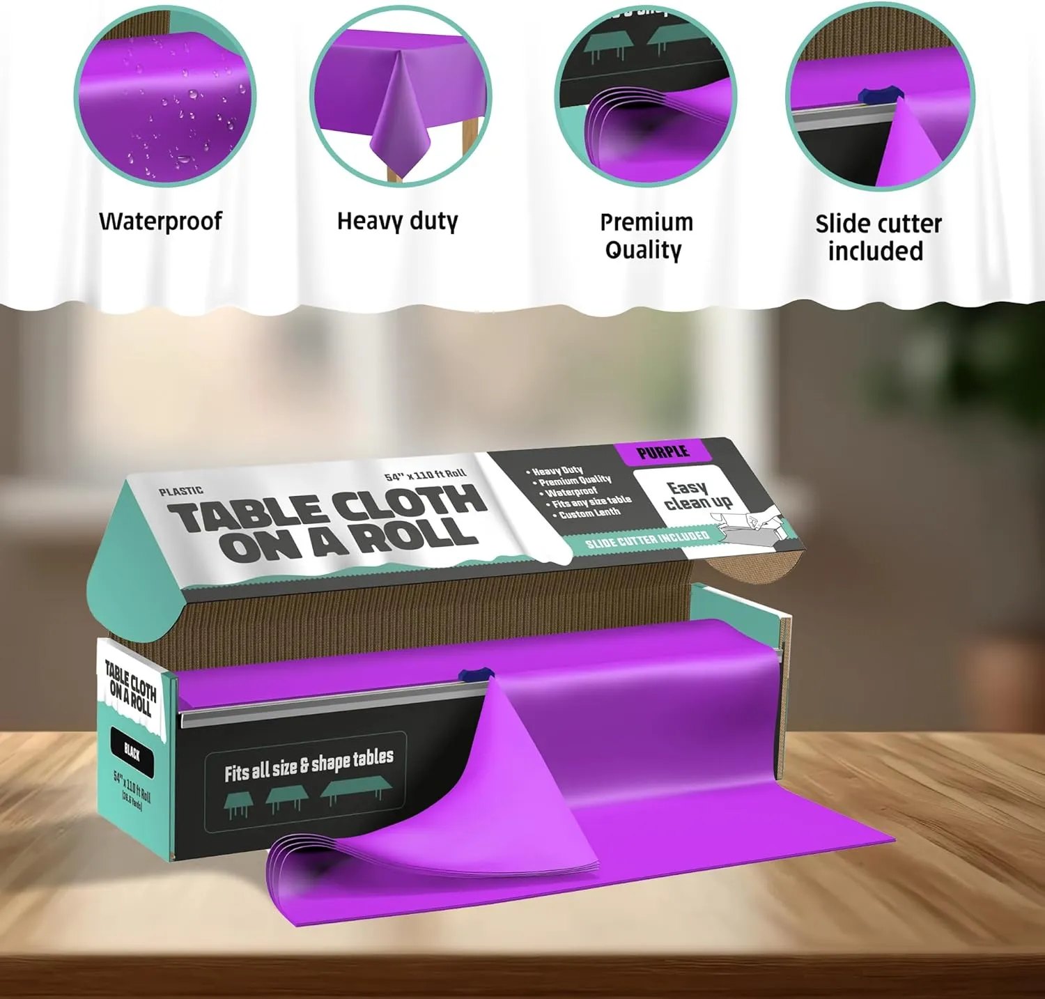 Tablecloth Roll – 54" X 110' Purple Premium Plastic Table Cloths with Cutter Box - Cut to Size - Decorative Rectangle Table Cover Smooth Tablecloth - Disposable Table Cloths for Parties, Weddings.