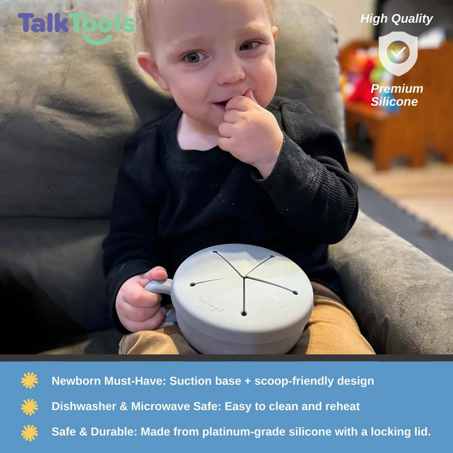 TalkTools Itsy Bowl with Locking Lid - Platinum grade silicone with Volume Lines, Curved Walls for Easy Scooping - for Babies, Toddlers, Children, and Elderly - Snack Lid Accessory (Ocean)