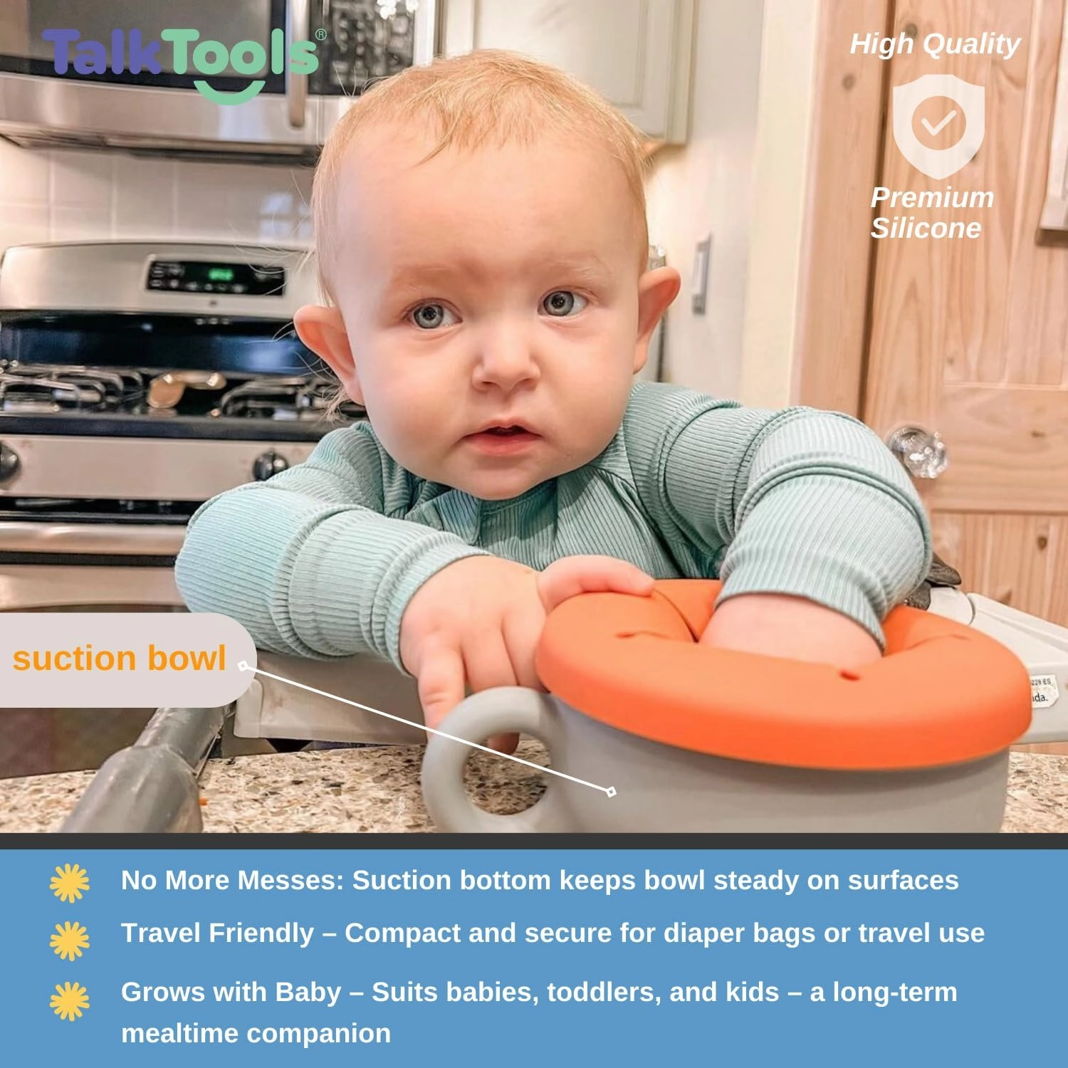 TalkTools Itsy Bowl with Locking Lid - Platinum grade silicone with Volume Lines, Curved Walls for Easy Scooping - for Babies, Toddlers, Children, and Elderly - Snack Lid Accessory (Ocean)