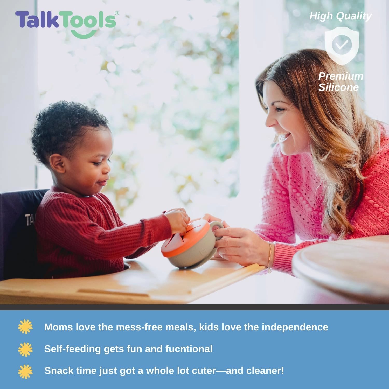 TalkTools Itsy Bowl with Locking Lid - Platinum grade silicone with Volume Lines, Curved Walls for Easy Scooping - for Babies, Toddlers, Children, and Elderly - Snack Lid Accessory (Ocean)