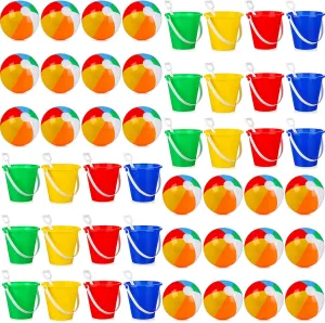 Tanlade 24 Set Beach Party Toys for Kids Toddlers Include 24 Pcs 12 Inch Beach Balls and 24 Sand Buckets and Shovels Set Inflatable Pool Balls Summer Outdoor Games Activities for Kids Party Supplies