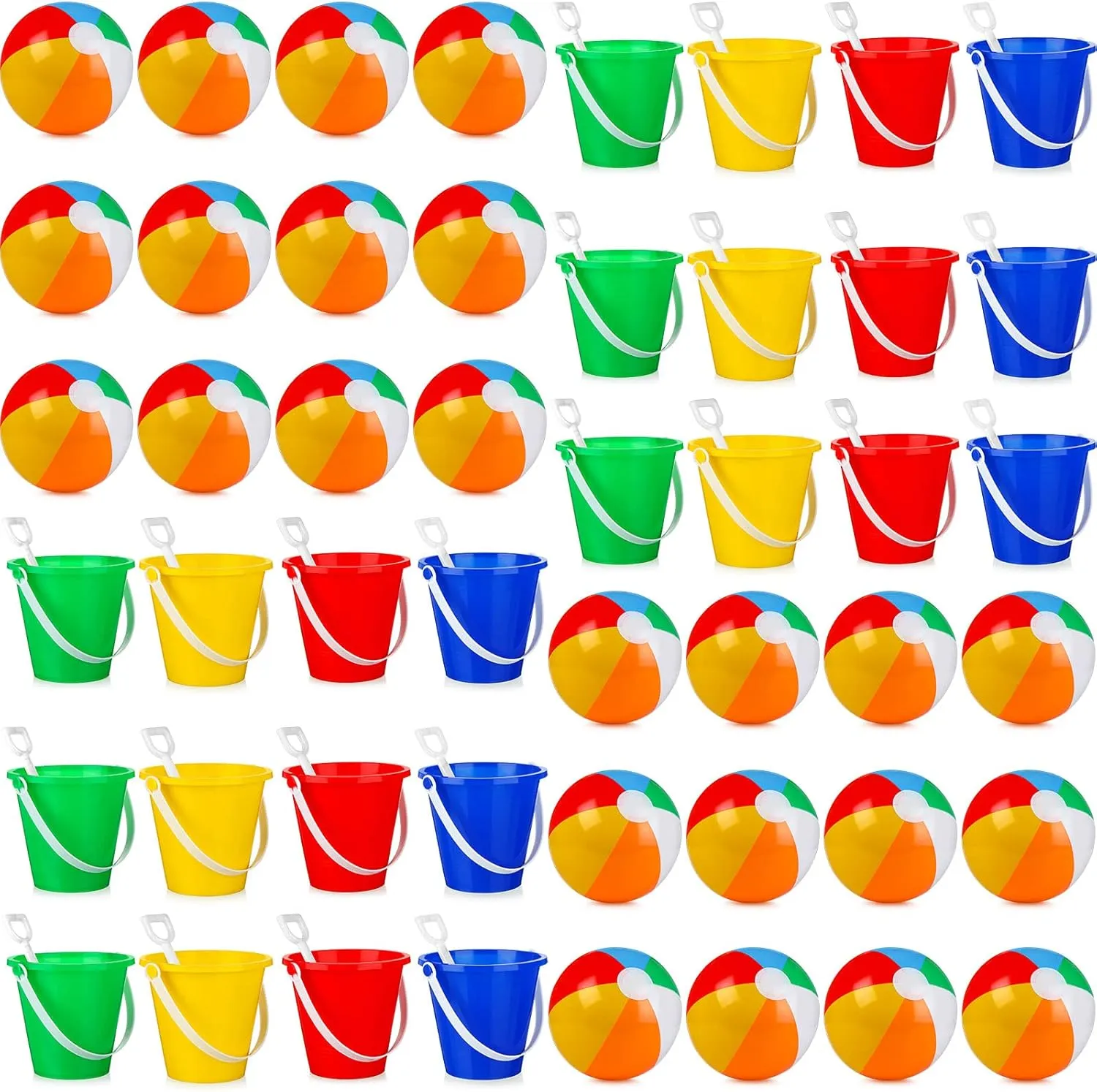 Tanlade 24 Set Beach Party Toys for Kids Toddlers Include 24 Pcs 12 Inch Beach Balls and 24 Sand Buckets and Shovels Set Inflatable Pool Balls Summer Outdoor Games Activities for Kids Party Supplies