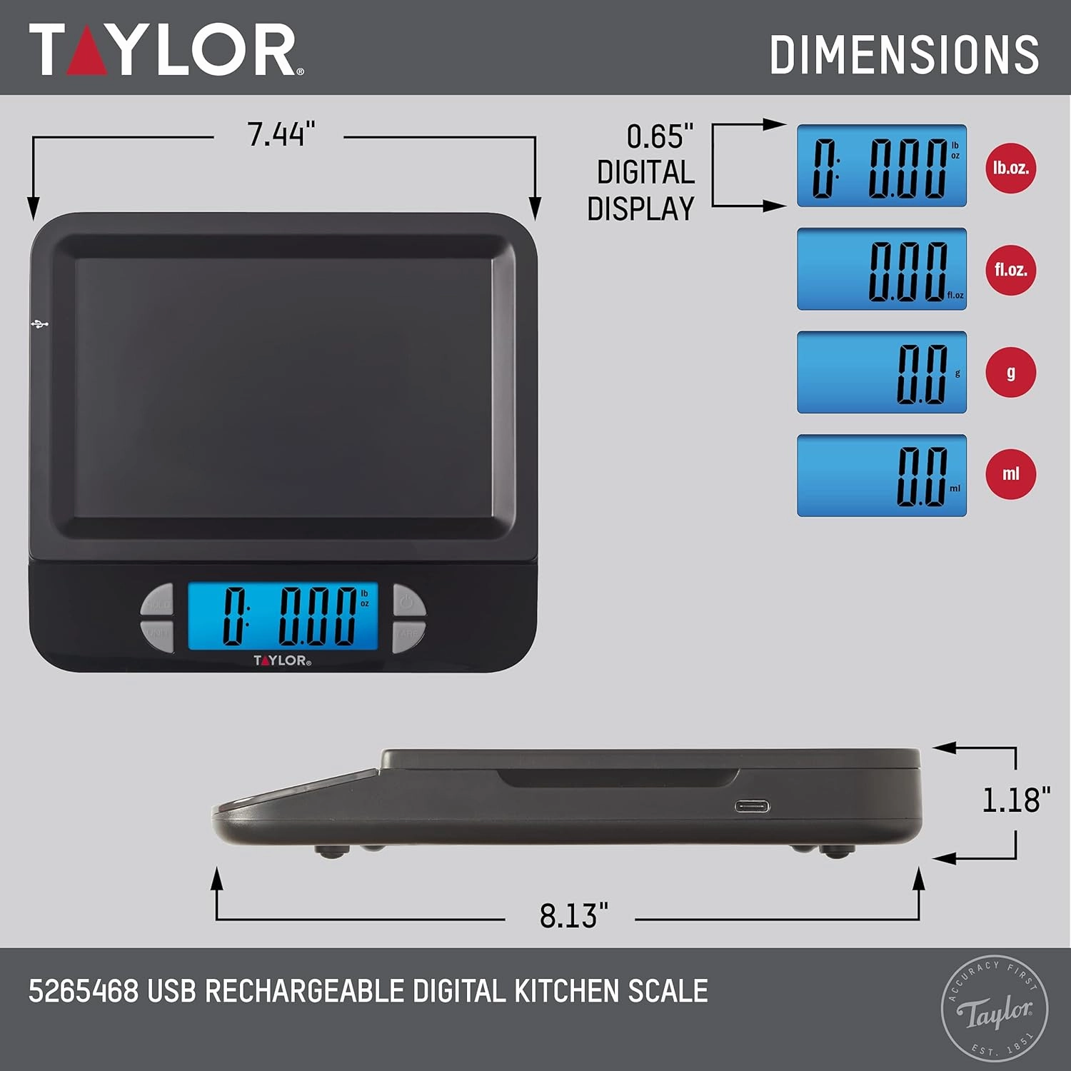Taylor USB Rechargeable Digital Kitchen and Food Scale, 11 pound capacity with Dishwasher Safe Tray, Cord Included