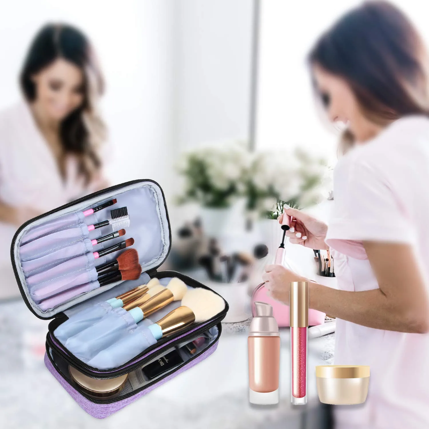 Teamoy Travel Makeup Brush Bag(up to 8.5"), Professional Cosmetic Bags Organizer Case with Handle Strap for Makeup Brushes and Beauty Supplies-Small, Purple (No Accessories Included)