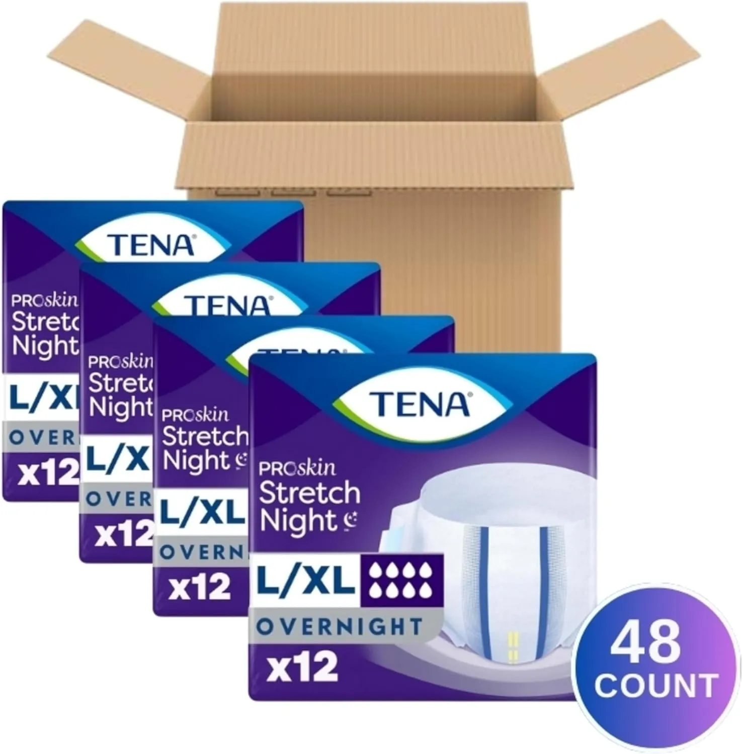 TENA ProSkin Overnight Protection Adult Incontinence Brief, Stretch, Disposable, Large/Extra,Large, 48count (4 Packs of 12), Packaging May Vary