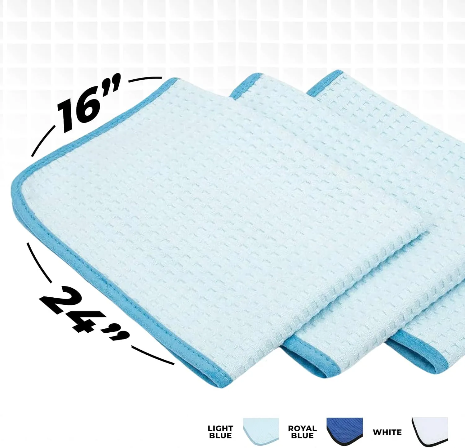 The Rag Company - Dry Me A River - Professional Korean 70/30 Blend, Microfiber Waffle-Weave, Drying & Detailing Towels, Soft Suede Edges, 390gsm, 16in x 24in, Light Blue (3-Pack)