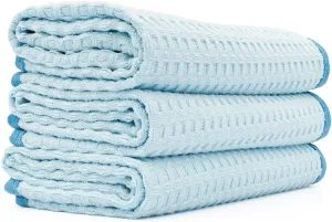 The Rag Company - Dry Me A River - Professional Korean 70/30 Blend, Microfiber Waffle-Weave, Drying & Detailing Towels, Soft Suede Edges, 390gsm, 16in x 24in, Light Blue (3-Pack)