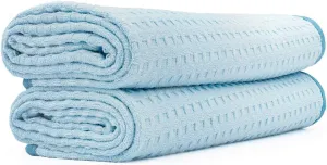 The Rag Company - Dry Me A River - Professional Korean 70/30 Blend Microfiber Waffle-Weave Drying & Detailing Towels, Soft Suede Edges, 390GSM, 20in x 40in, Light Blue (2-Pack)