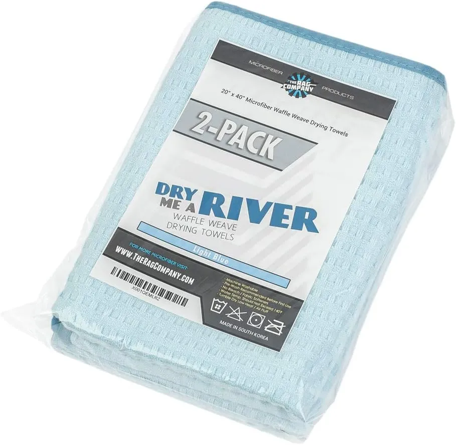 The Rag Company - Dry Me A River - Professional Korean 70/30 Blend Microfiber Waffle-Weave Drying & Detailing Towels, Soft Suede Edges, 390GSM, 20in x 40in, Light Blue (2-Pack)