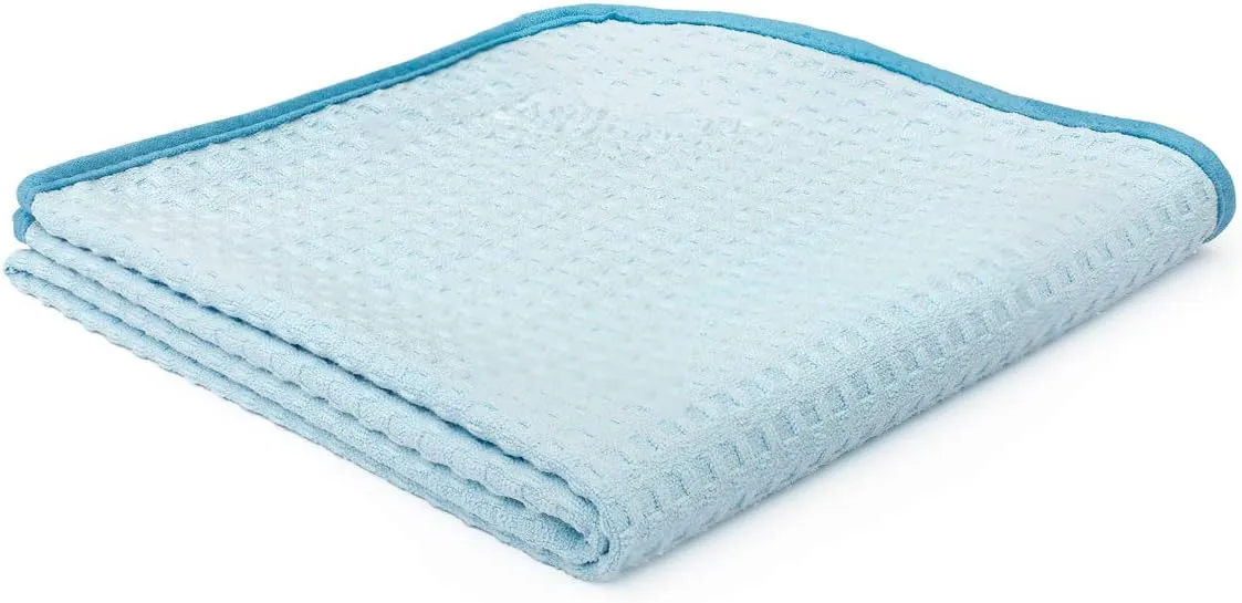 The Rag Company - Dry Me A River - Professional Korean 70/30 Blend Microfiber Waffle-Weave Drying & Detailing Towels, Soft Suede Edges, 390GSM, 20in x 40in, Light Blue (2-Pack)