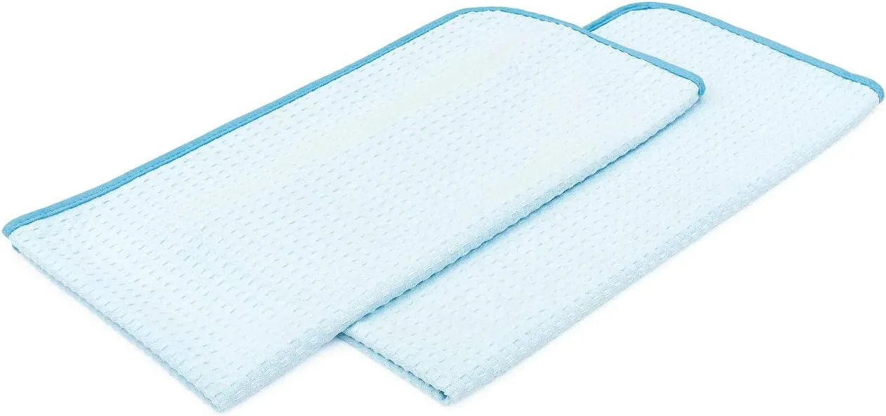 The Rag Company - Dry Me A River - Professional Korean 70/30 Blend Microfiber Waffle-Weave Drying & Detailing Towels, Soft Suede Edges, 390GSM, 20in x 40in, Light Blue (2-Pack)
