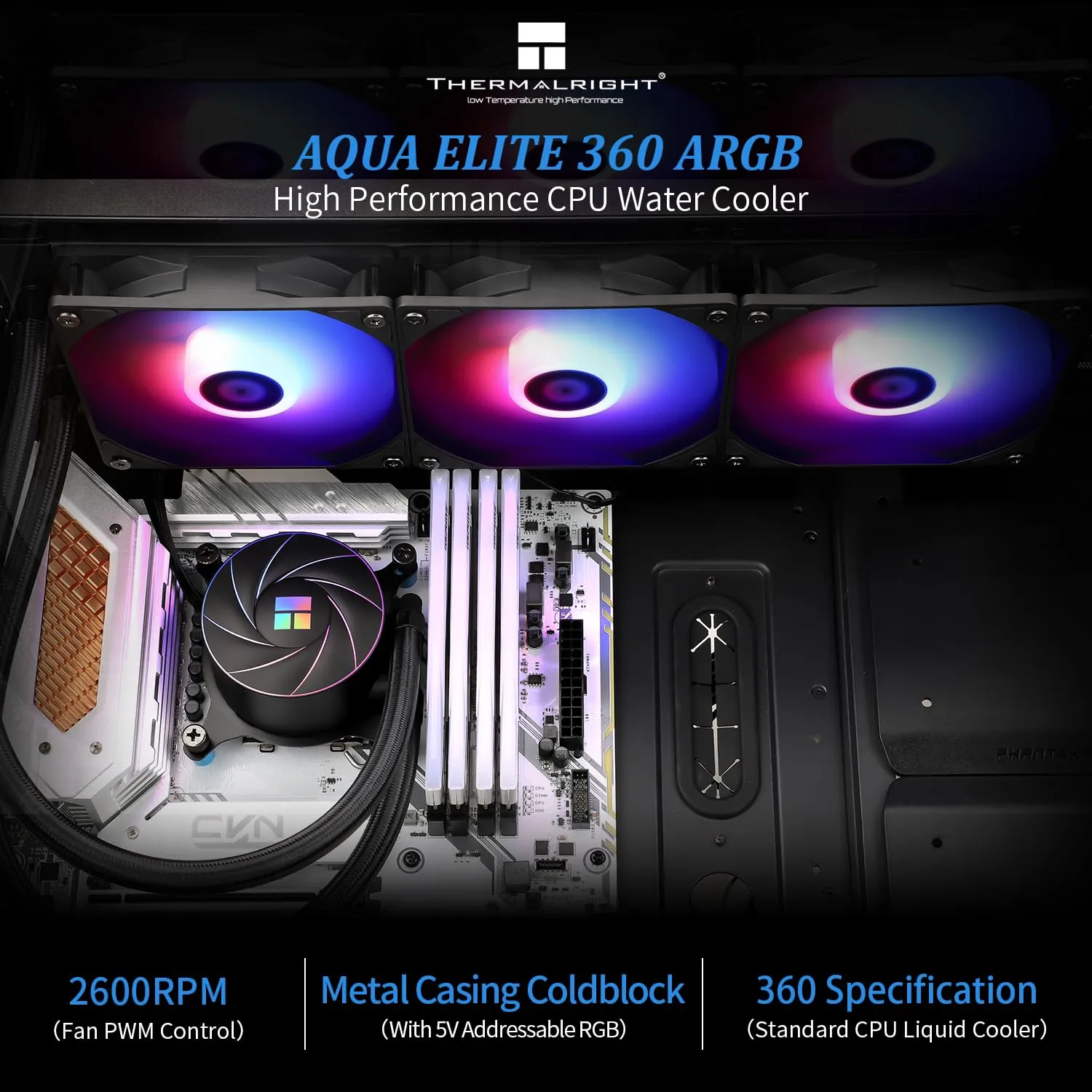 Thermalright Aqua Elite 360 ARGB CPU Aio Cooler, 360 CPU Liquid Cooling, Pump Head Speed up to 6400RPM,for AM4/AM5, Intel LGA1851/1150/1151/1200/2011/1700,High Performance Radiator