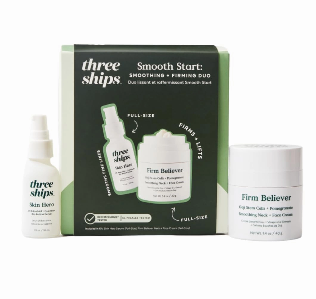 Three Ships Smooth Start Smoothing   Firming Duo with Bio-Retinol, Goji Berry Stem Cells, and Pomegranate – Serum and Antioxidant Cream, Firms Skin, Minimizes Fine Lines, & Smooths Texture (2.4 fl oz)