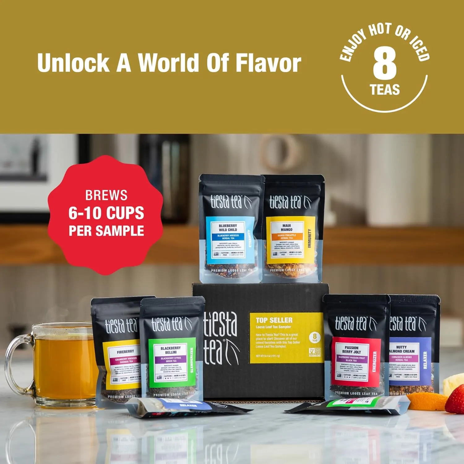 Tiesta Tea - Top 8 Favorites Loose Leaf Sampler Dry Flight Set - High to No Caffeine - Makes Hot & Iced - Assorted Sets with Herbal, Black, Fruit Teas & More - 8 Resealable Sample Pouches