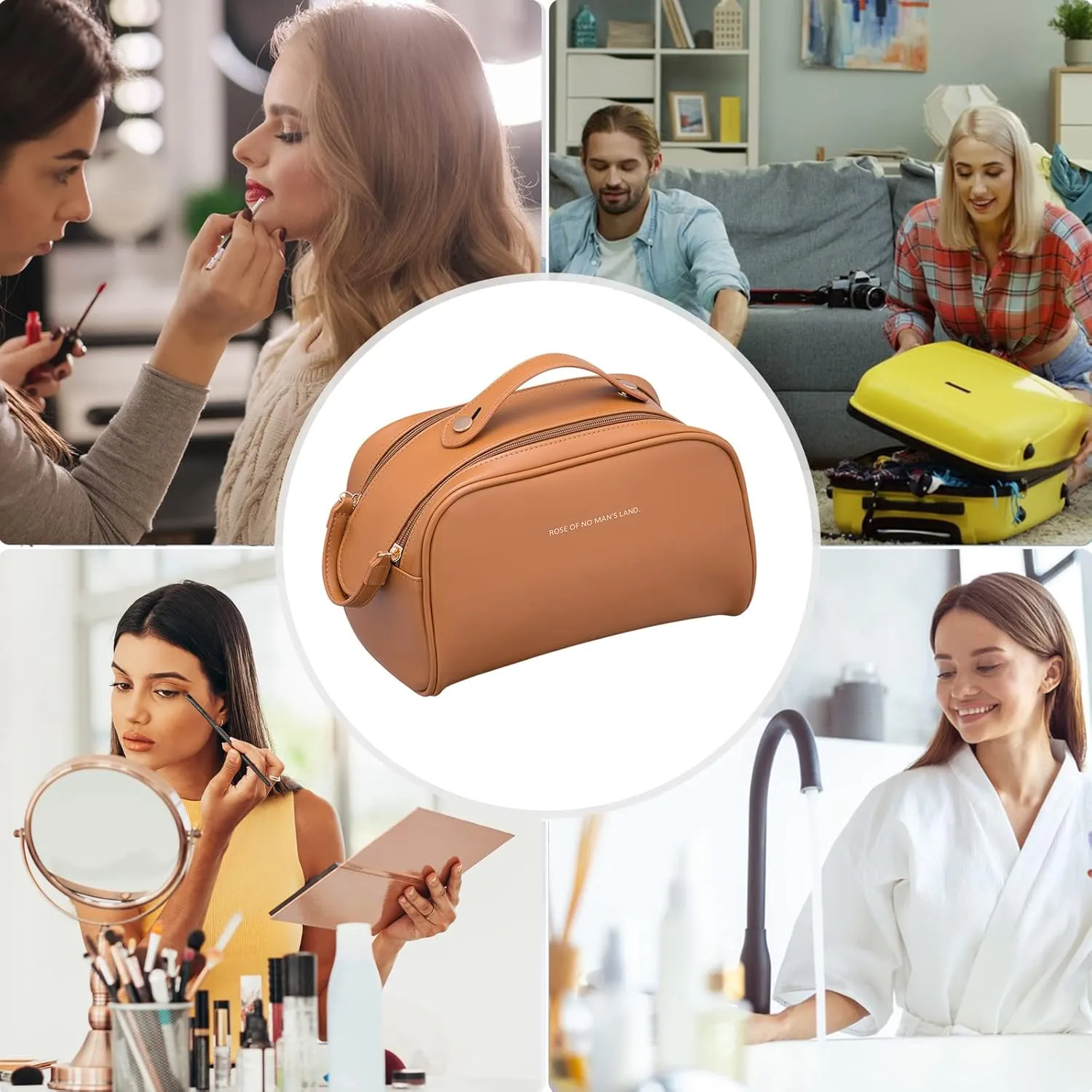 Toiletry Bag For Women Portable Make Up Bag Waterproof Wash Bag PU Leather Cosmetic Bag Bathroom Shower Bag Multifunctional Travel Organizer For Shampoo, Cosmetics, Toiletries Brown A